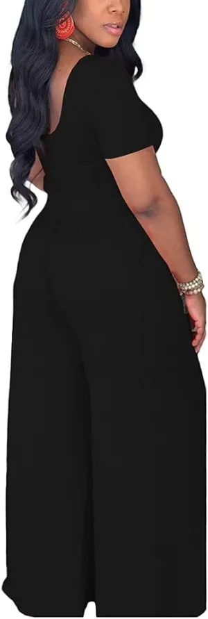 2 Piece Outfits for Women Sexy Backless Short Sleeve Crop Top High Waist Wide Leg Long Pant Sets Tracksuit Sport Set