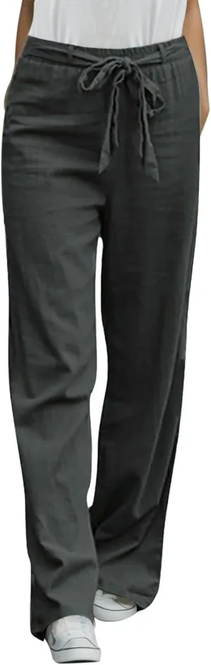 2024 Spring Pants Trendy Women High Waisted Pants Summer Linen Trouser Drawstring Elastic Waist Pull On Sweatpants