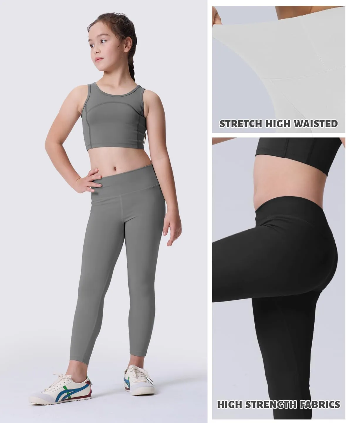 3 Pack Girls Athletic Ankle Length Black Leggings, White Yoga Pants for Kids