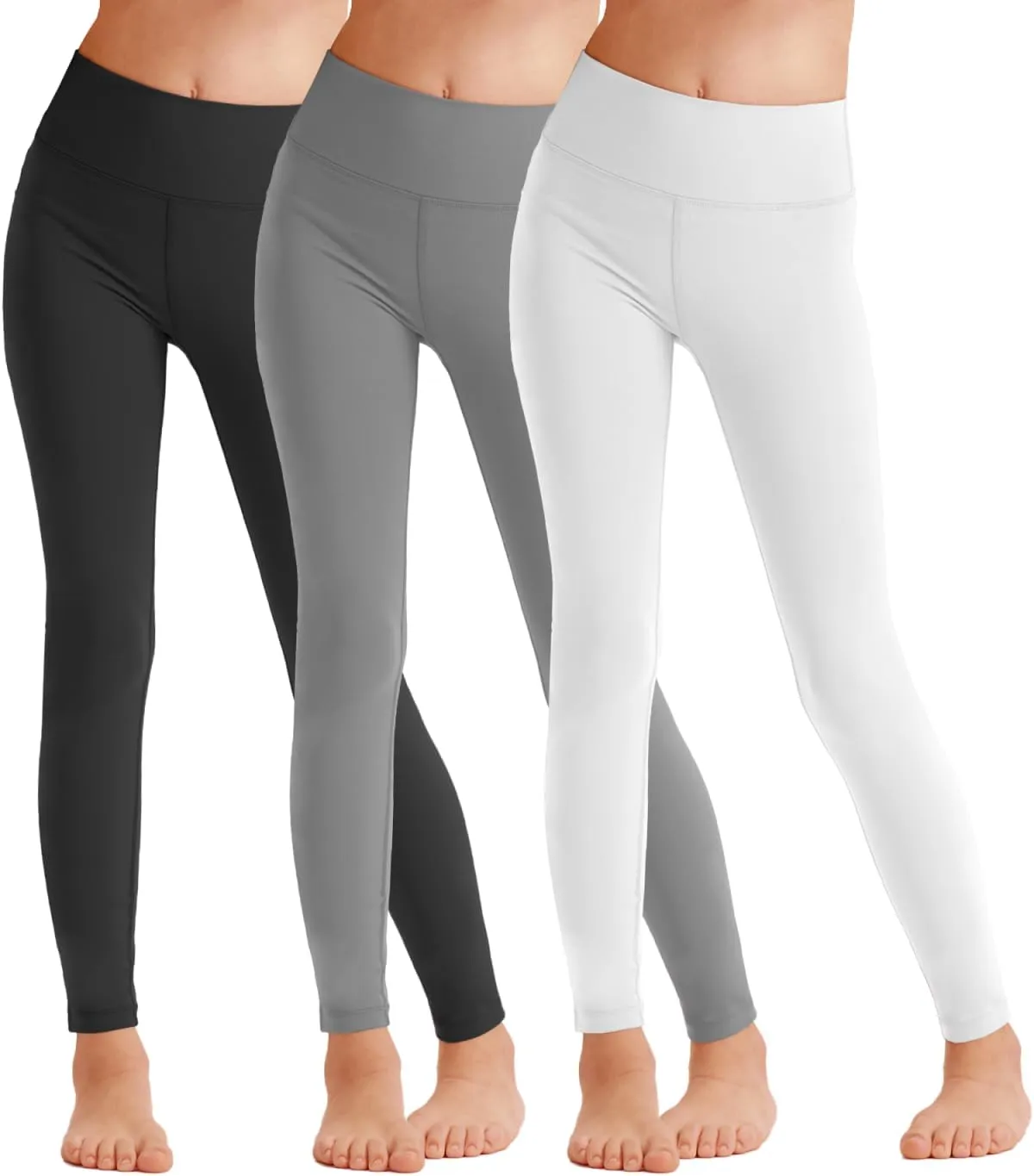 3 Pack Girls Athletic Ankle Length Black Leggings, White Yoga Pants for Kids