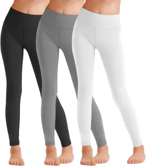 3 Pack Girls Athletic Ankle Length Black Leggings, White Yoga Pants for Kids