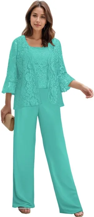 3 Pieces Mother of The Bride Pant Suits with Jacket Long Sleeves Lace Chiffon Outfit Formal Evening Dress for Wedding