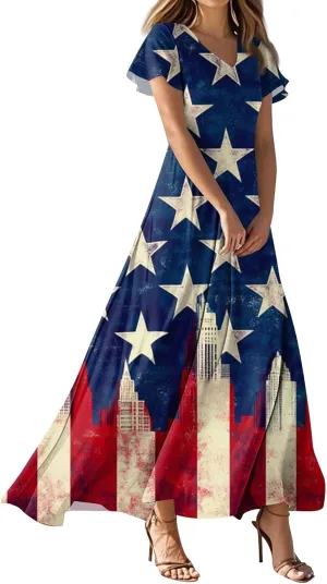 ADHOWBEW 4th of July Dress Women 2025 Holiday Plus Size Graphic USA Sexy Patriotic Independence Day Dresses