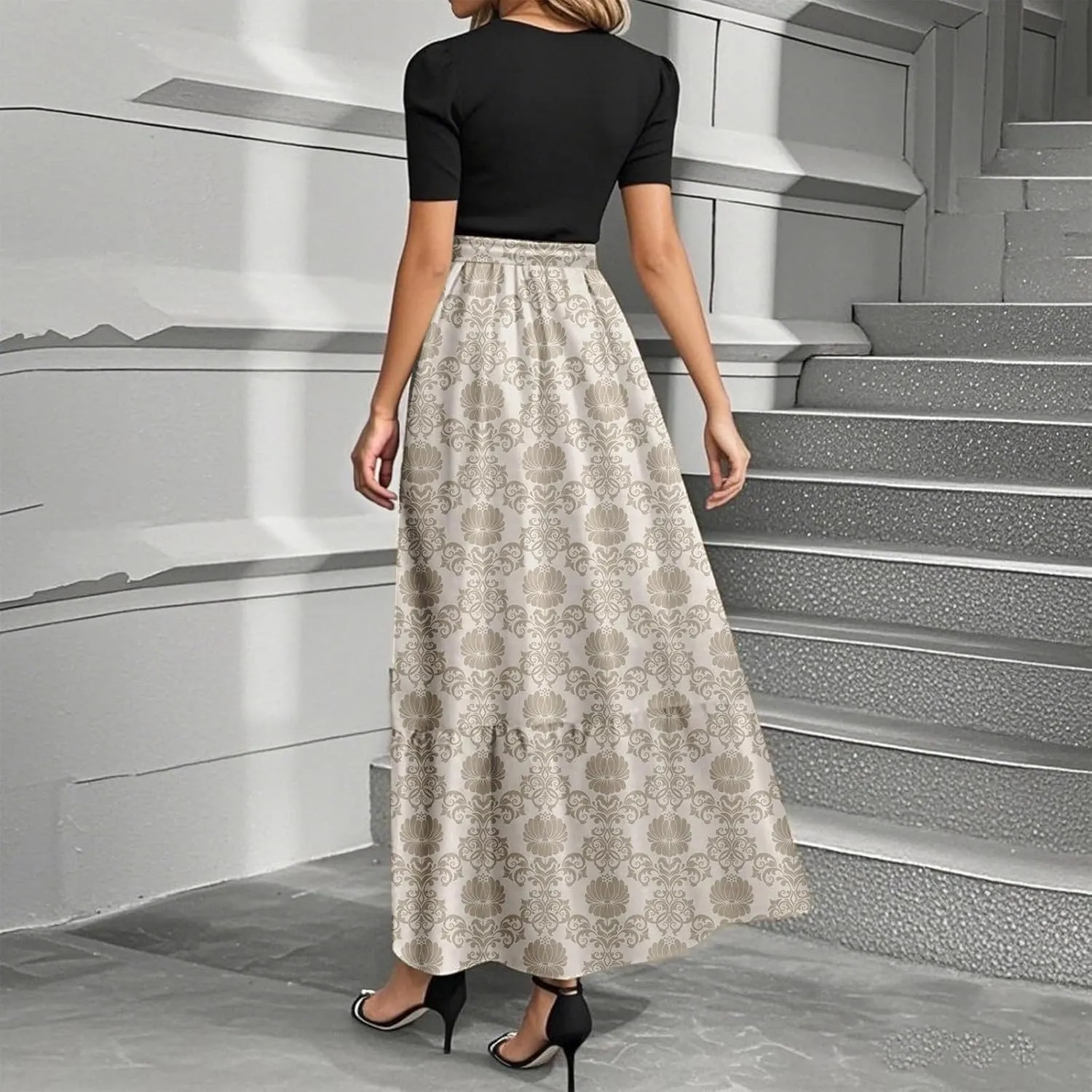 ADHOWBEW Dresses for Women 2025 Beach Casual Plus Size Trendy Flower O Neck Sexy Elegant Empire Waist Short Sleeve Dresses