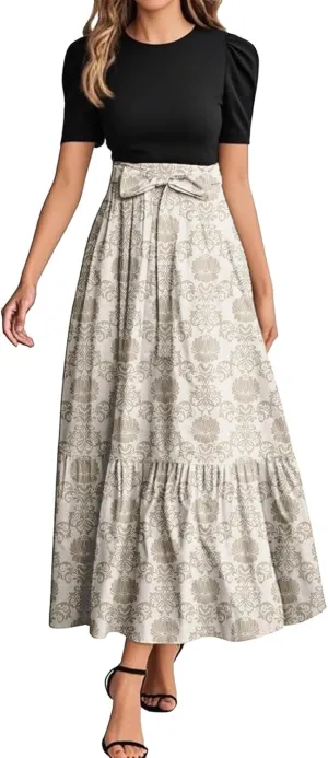 ADHOWBEW Dresses for Women 2025 Beach Casual Plus Size Trendy Flower O Neck Sexy Elegant Empire Waist Short Sleeve Dresses
