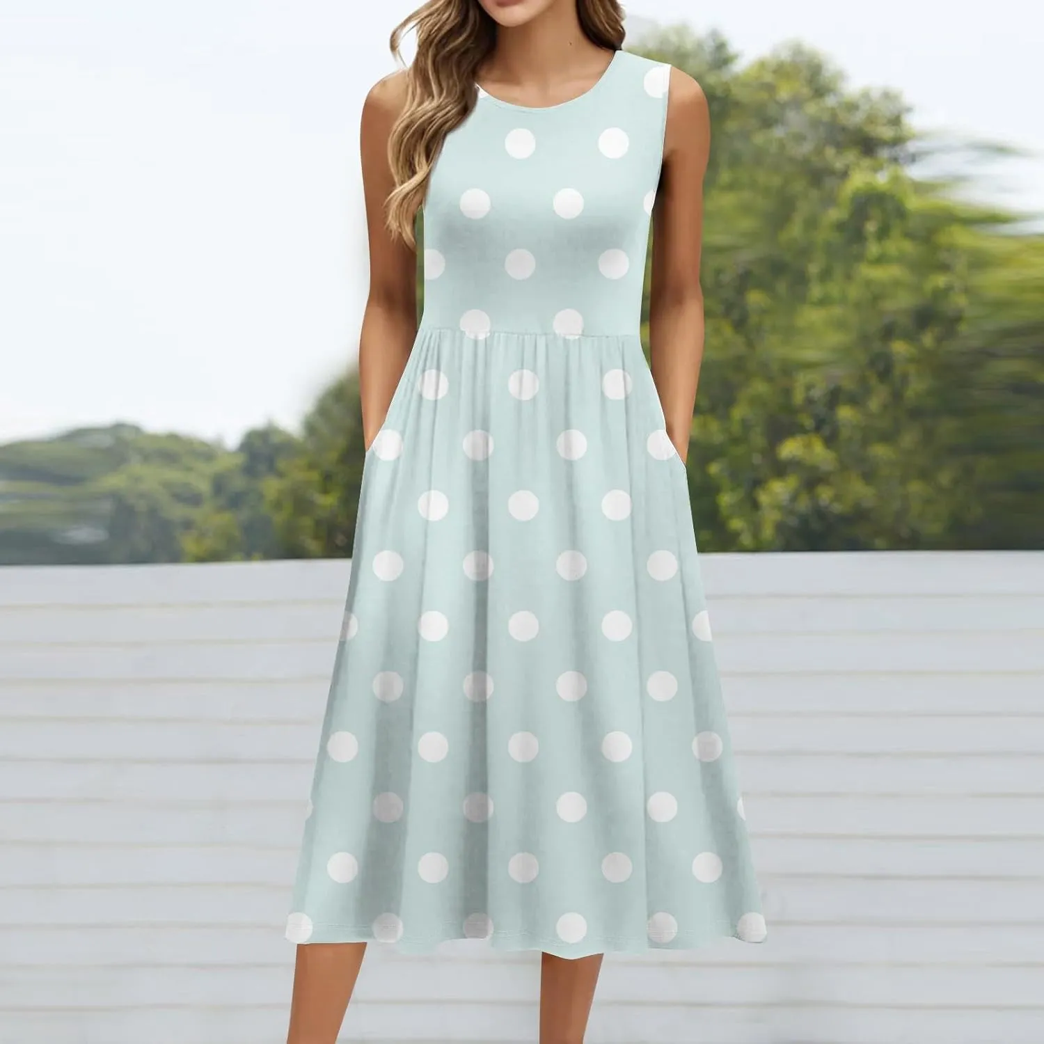 ADHOWBEW Dresses for Women 2025 Round Neck Flowy Casual Plus Size Sexy Vacation Sleeveless Long Dresses