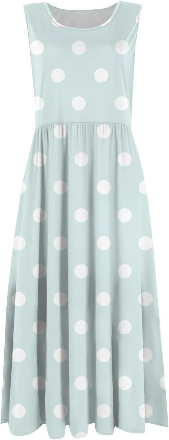 ADHOWBEW Dresses for Women 2025 Round Neck Flowy Casual Plus Size Sexy Vacation Sleeveless Long Dresses