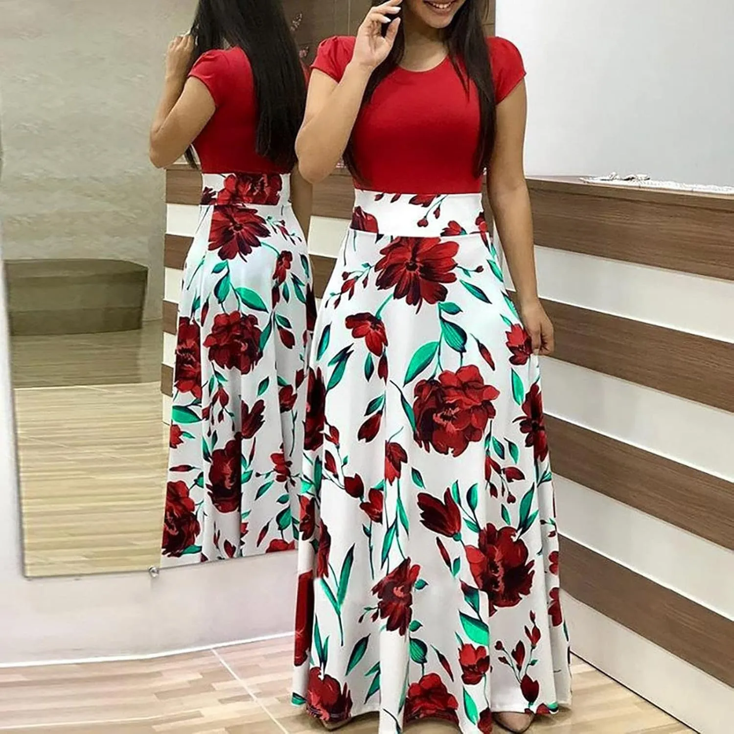 ADHOWBEW Maxi Dress for Women Plus Size Elegant Floral Print Short Sleeve Long Dress Casual O Neck Empire Waist Dress