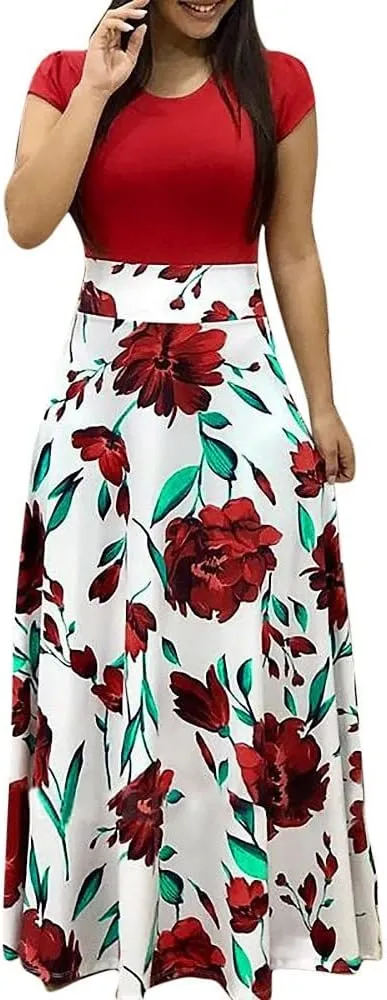 ADHOWBEW Maxi Dress for Women Plus Size Elegant Floral Print Short Sleeve Long Dress Casual O Neck Empire Waist Dress