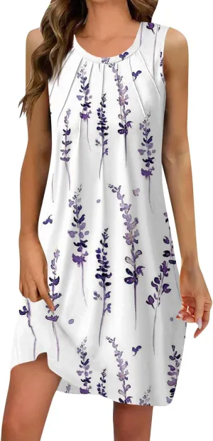 ADHOWBEW Summer Dresses for Women 2025 Casual Round Neck Plus Size Flowy Sexy Vacation Sleeveless Dresses