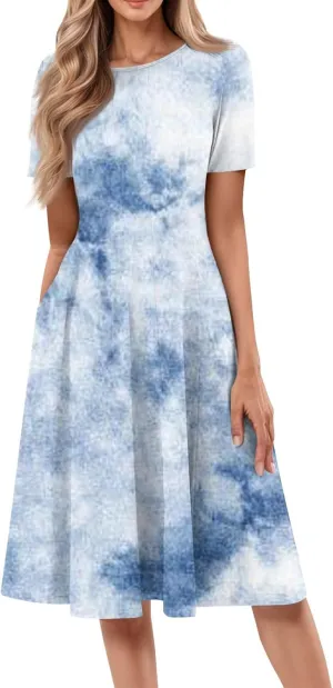 ADHOWBEW Summer Dresses for Women 2025 Vacation Cute Casual Trendy Sexy Loose Fit Beach O Neck Short Sleeve Dresses