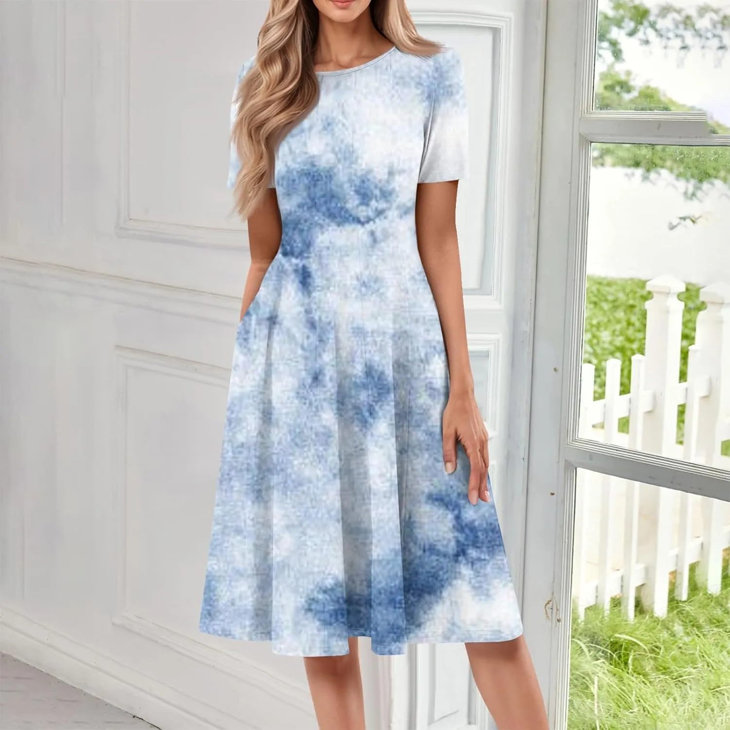 ADHOWBEW Summer Dresses for Women 2025 Vacation Cute Casual Trendy Sexy Loose Fit Beach O Neck Short Sleeve Dresses