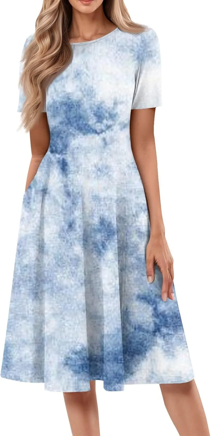 ADHOWBEW Summer Dresses for Women 2025 Vacation Cute Casual Trendy Sexy Loose Fit Beach O Neck Short Sleeve Dresses