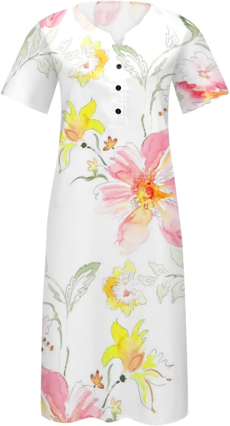ADHOWBEW Womens Fashion V Neck Short Sleeve Button Down Plus Size Midi Dress with Pockets