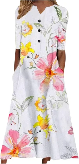 ADHOWBEW Womens Fashion V Neck Short Sleeve Button Down Plus Size Midi Dress with Pockets
