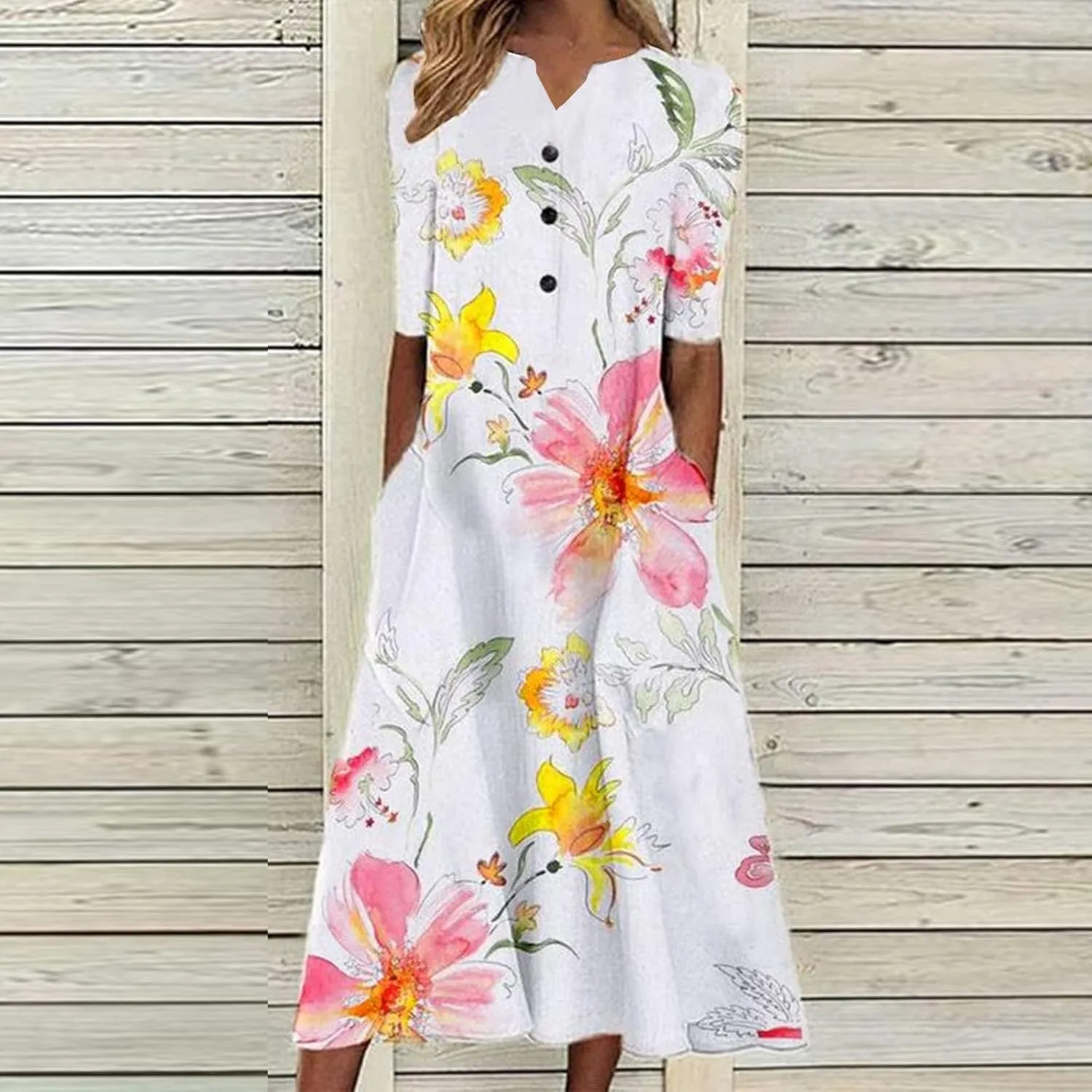 ADHOWBEW Womens Fashion V Neck Short Sleeve Button Down Plus Size Midi Dress with Pockets
