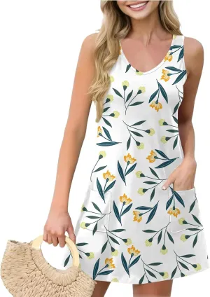 ADHOWBEW Womens Spring Dress Hawaiian V Neck Loose Fit Tropical Print Sexy Casual Comfy Trendy Cute Sleeveless Tank Dresses
