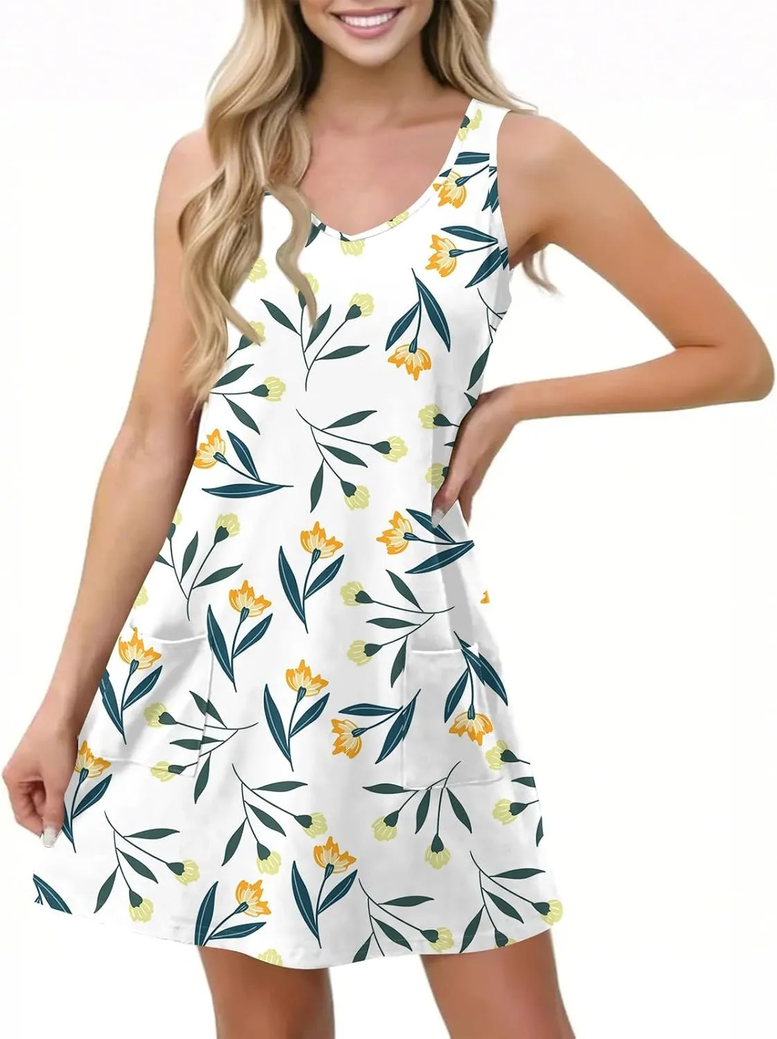 ADHOWBEW Womens Spring Dress Hawaiian V Neck Loose Fit Tropical Print Sexy Casual Comfy Trendy Cute Sleeveless Tank Dresses