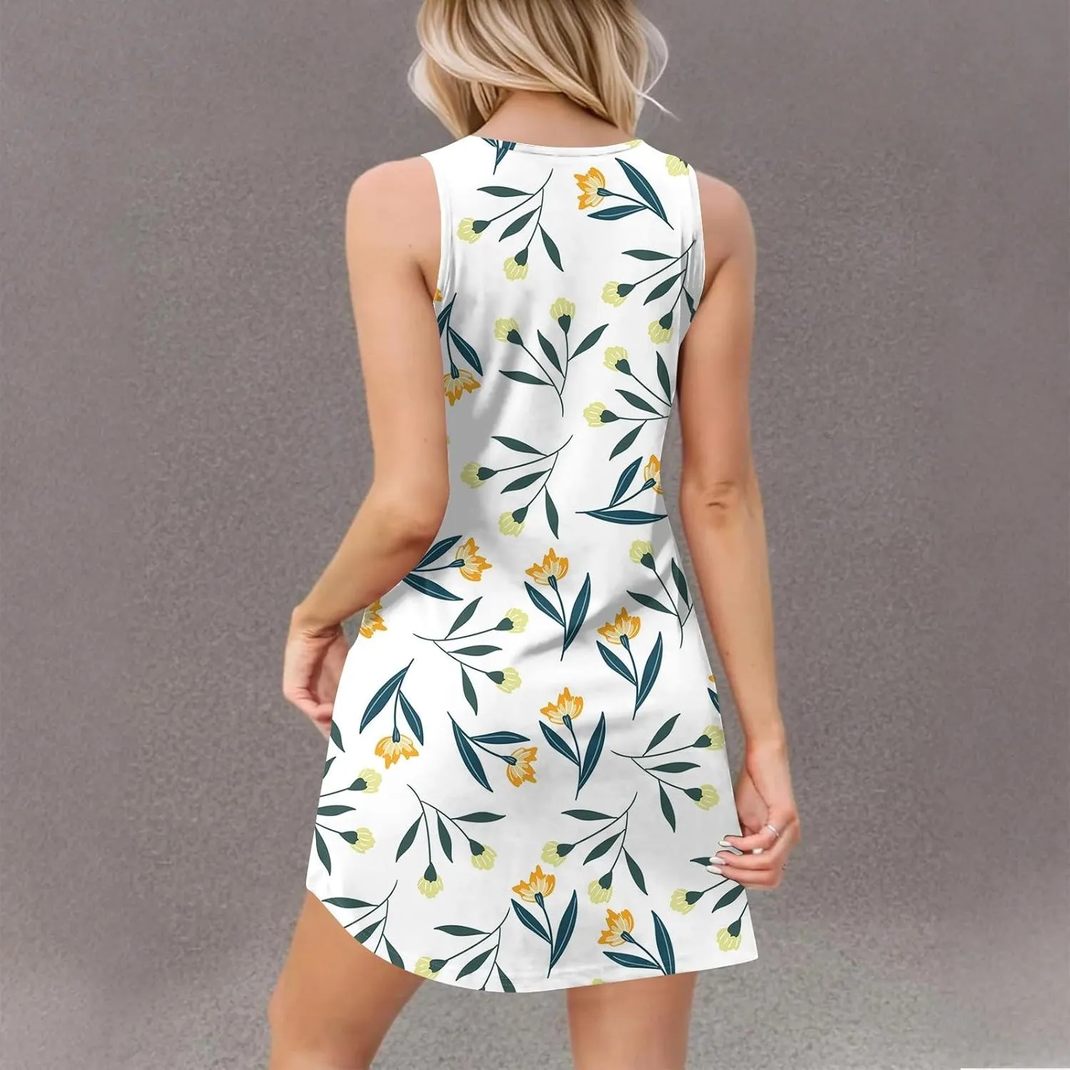 ADHOWBEW Womens Spring Dress Hawaiian V Neck Loose Fit Tropical Print Sexy Casual Comfy Trendy Cute Sleeveless Tank Dresses