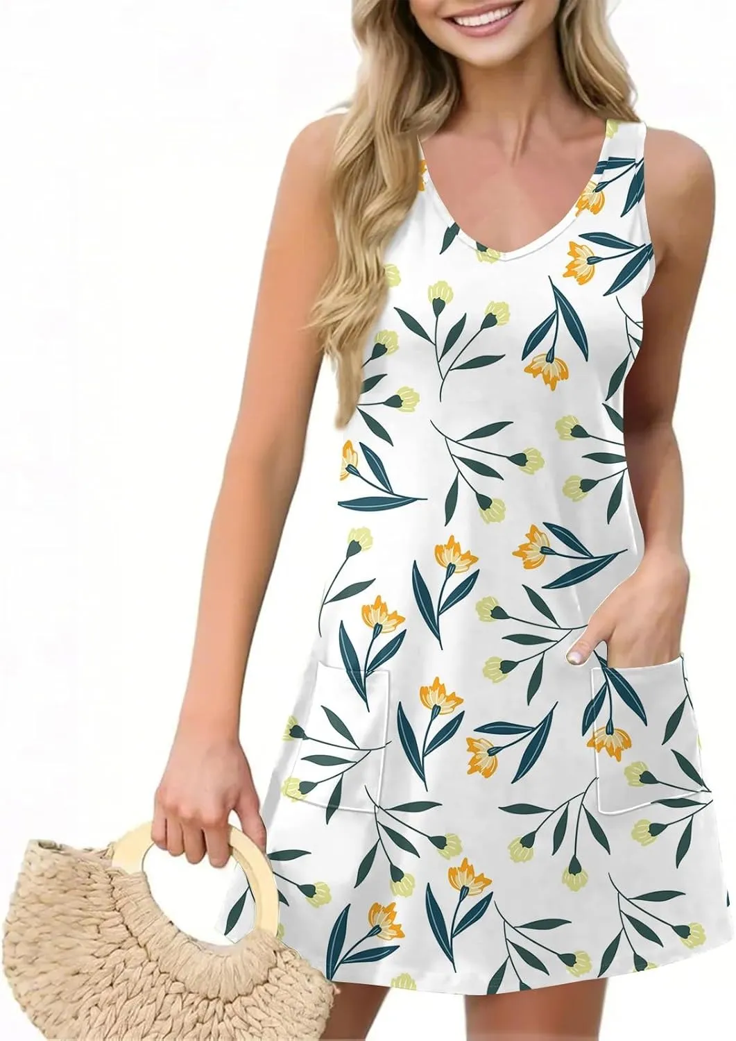 ADHOWBEW Womens Spring Dress Hawaiian V Neck Loose Fit Tropical Print Sexy Casual Comfy Trendy Cute Sleeveless Tank Dresses