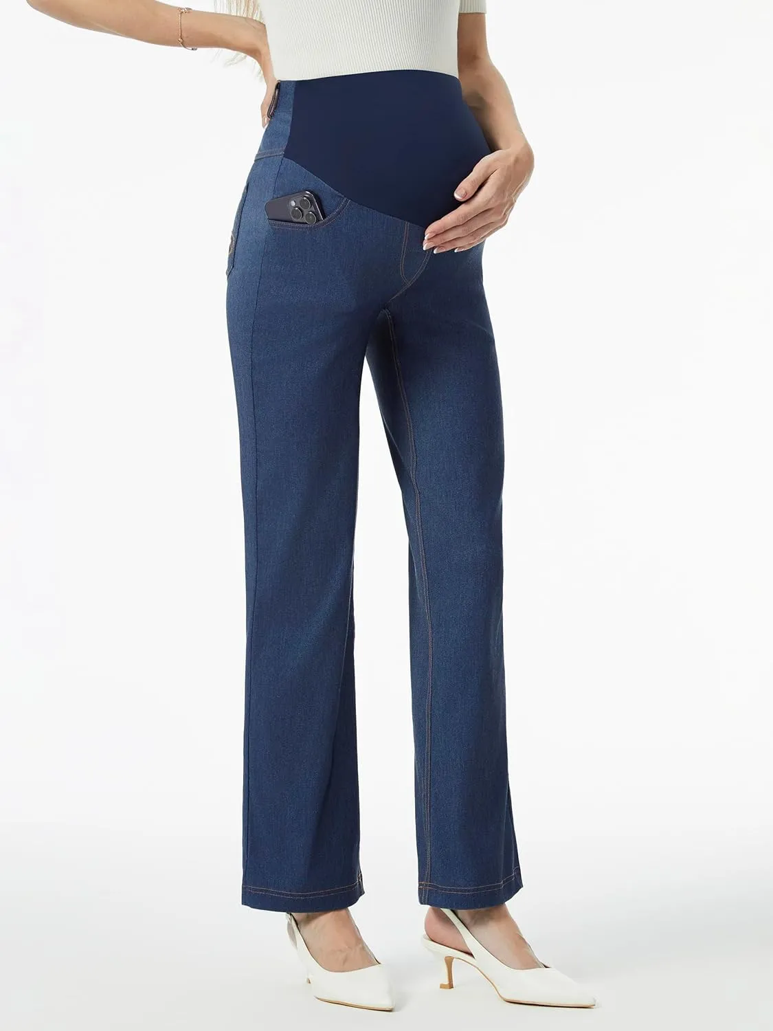 AFITNE Women's Stretch Maternity Jeans Over The Belly Straight Leg Pregnancy Pants with Denim Like Material