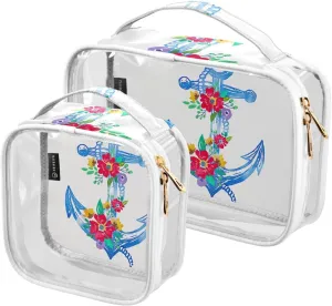 Anchor-with-flowers Print 2 Pack Clear Toiletry Bag Women Men, Portable Waterproof Clear Pouch, Cosmetic Bag with Double Zippers Large Opening Traveling with Handle for Bathroom Traveling Vacation Org