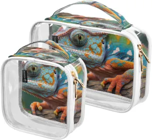 Animal-lizard 2 Pack Clear Toiletry Bag Women Men, Portable Waterproof Clear Pouch, Cosmetic Bag with Double Zippers Large Opening Traveling with Handle for Bathroom Traveling Vacation Organizing