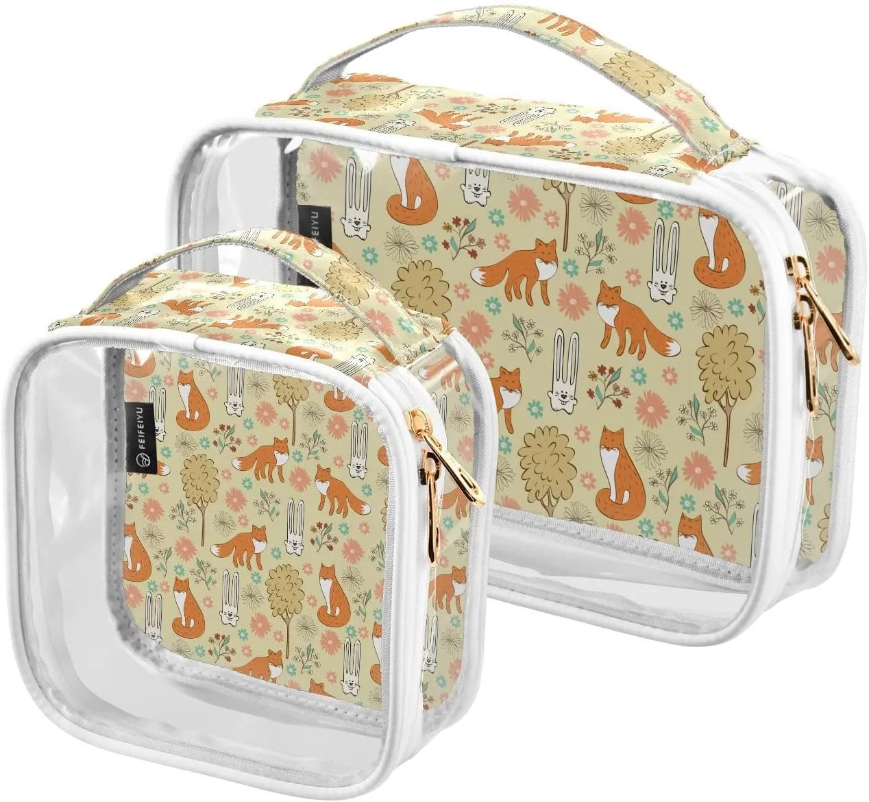 Animal Yellow Pattern 2 Pack Clear Toiletry Bag Women Men, Portable Waterproof Clear Pouch, Cosmetic Bag with Double Zippers Large Opening Traveling with Handle for Bathroom Traveling Vacation Organiz