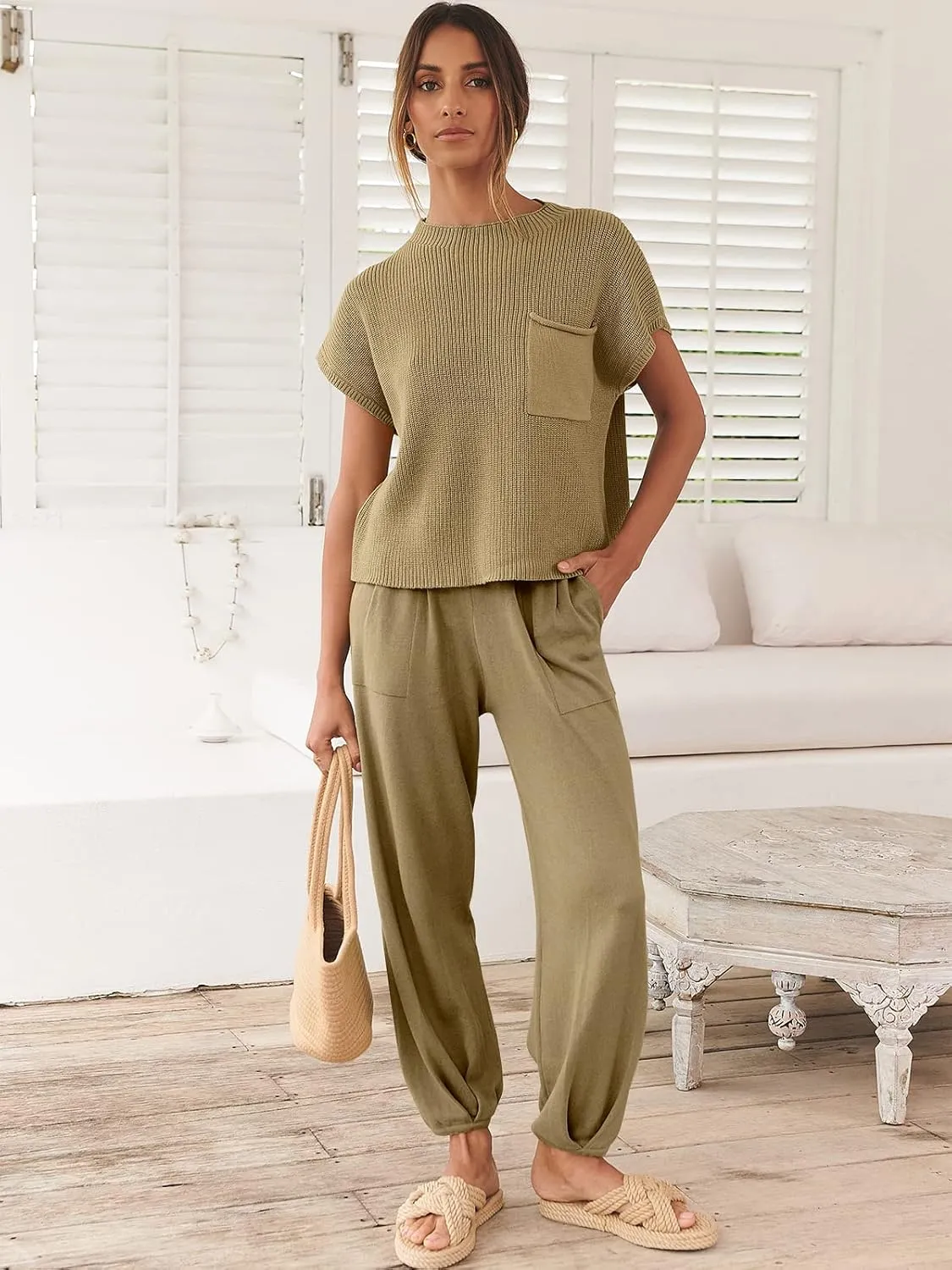 ANRABESS Women's Two Piece Outfits Knit Sweater Vest Crop Top Pants Lounge Matching Tracksuit Sweatsuit Travel Clothes Sets