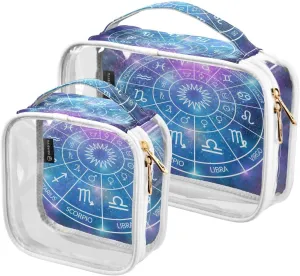 Astrology-zodiac 2 Pack Clear Toiletry Bag Women Men, Portable Waterproof Clear Pouch, Cosmetic Bag with Double Zippers Large Opening Traveling with Handle for Bathroom Traveling Vacation Organizing