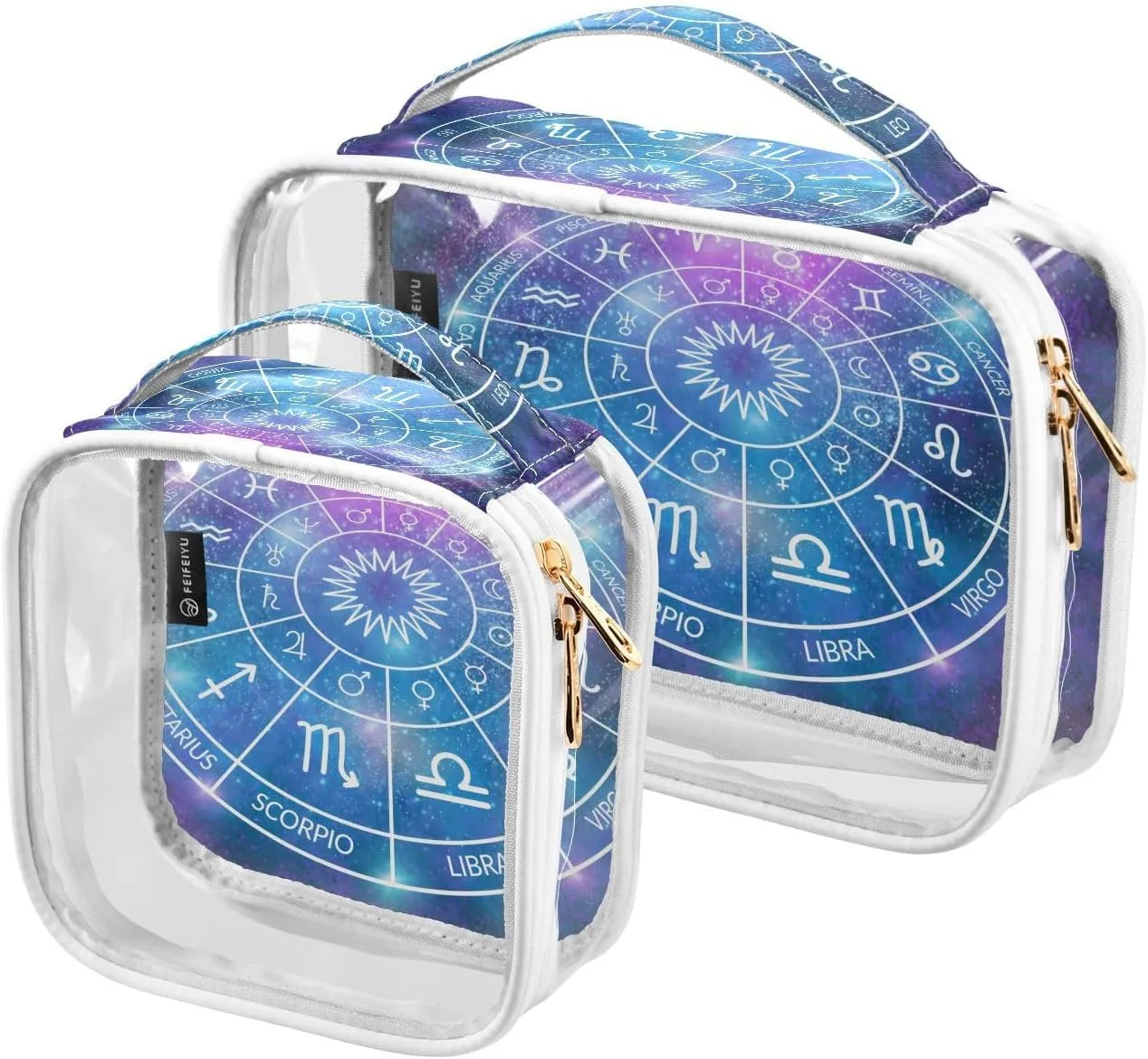 Astrology-zodiac 2 Pack Clear Toiletry Bag Women Men, Portable Waterproof Clear Pouch, Cosmetic Bag with Double Zippers Large Opening Traveling with Handle for Bathroom Traveling Vacation Organizing
