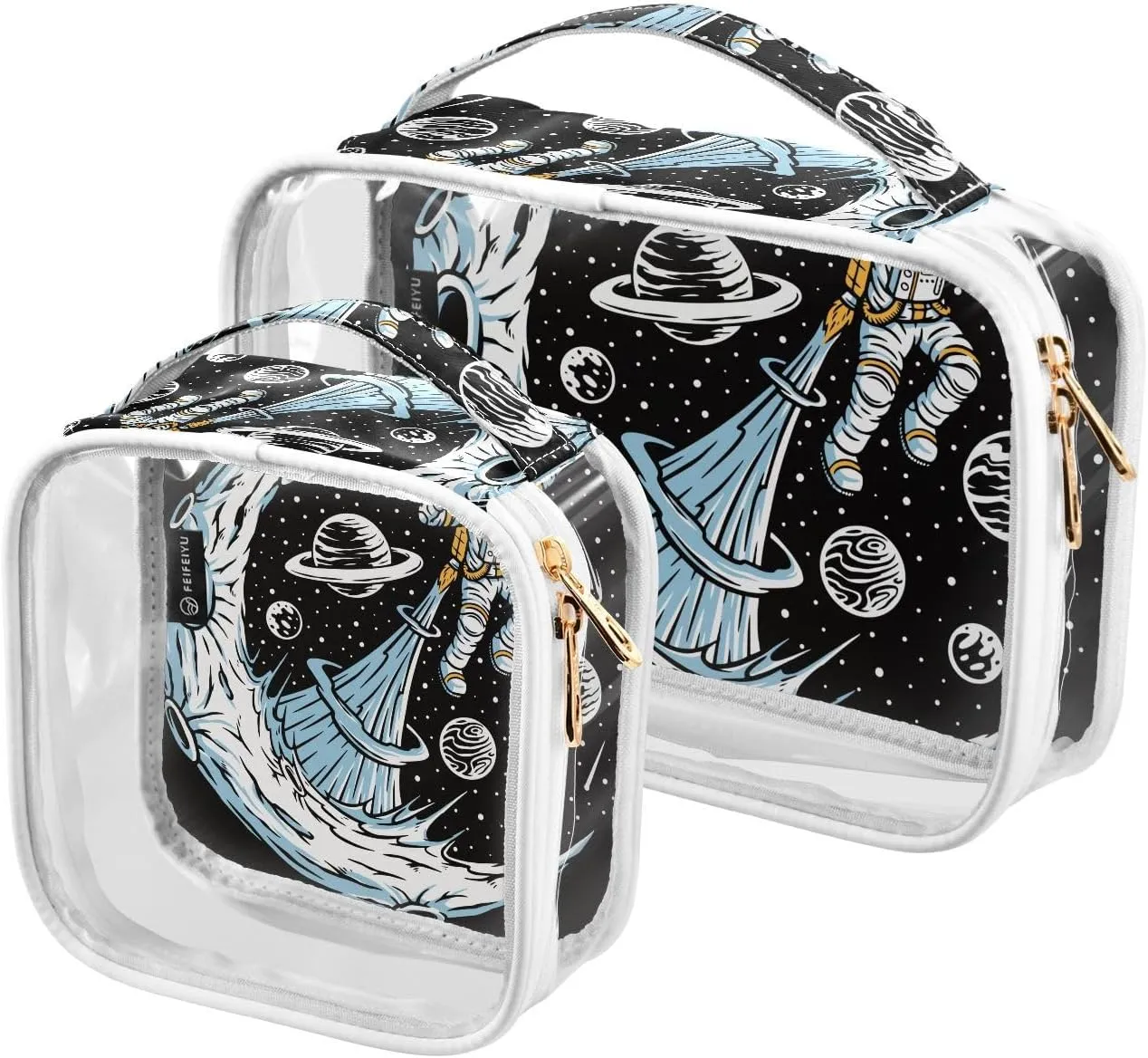 Astronauts-flying-print 2 Pack Clear Toiletry Bag Women Men, Portable Waterproof Clear Pouch, Cosmetic Bag with Double Zippers Large Opening Traveling with Handle for Bathroom Traveling Vacation Organ