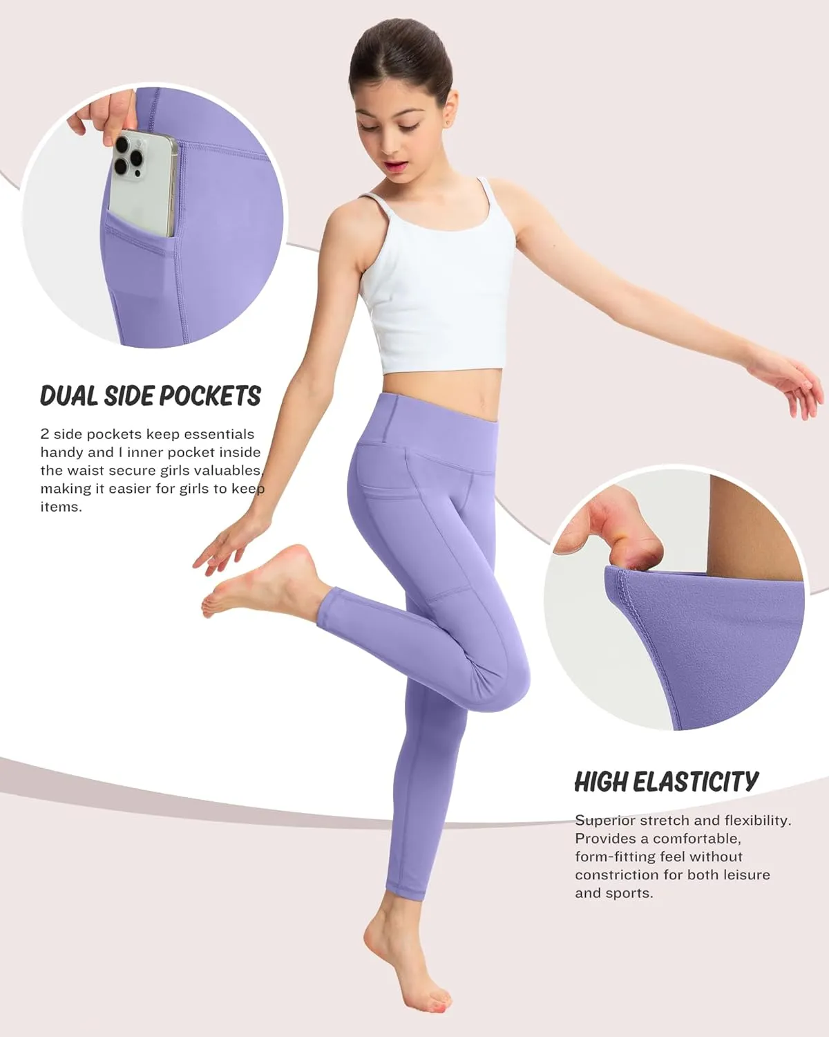 ATHVOTAR Girls Leggings with Pockets: High Waisted Yoga Workout Athletic Dance Running Pants 4 Packs