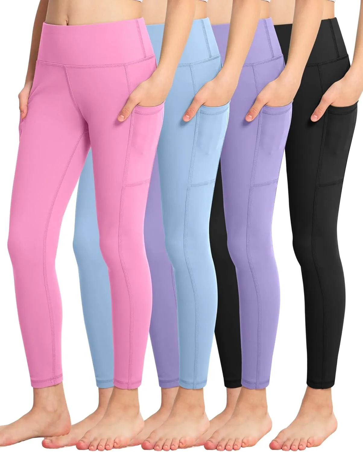 ATHVOTAR Girls Leggings with Pockets: High Waisted Yoga Workout Athletic Dance Running Pants 4 Packs