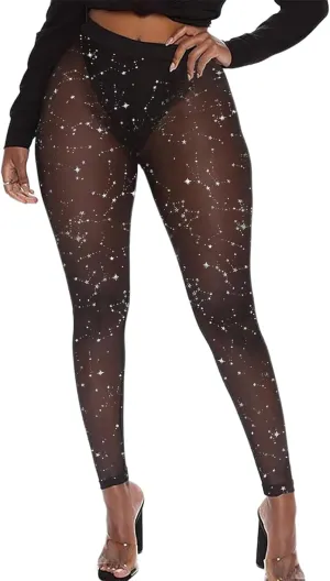 Atyfuniby Womens Leggings High Waisted - Sexy Skinny Mesh See Through Pants Party Clubwear