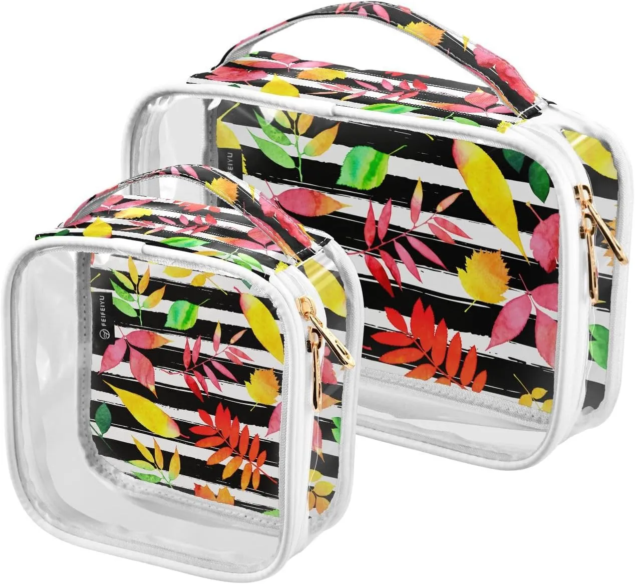 Autumn-pattern 2 Pack Clear Toiletry Bag Women Men, Portable Waterproof Clear Pouch, Cosmetic Bag with Double Zippers Large Opening Traveling with Handle for Bathroom Traveling Vacation Organizing