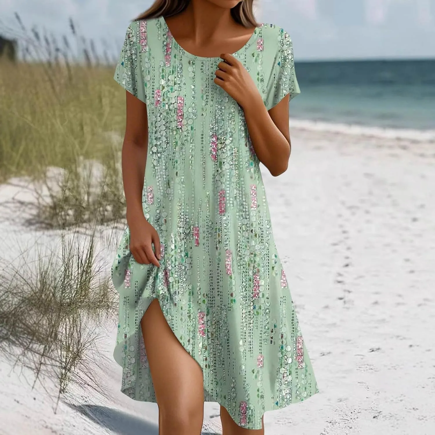 BAXLIMEK Beach Dresses for Women,2025 Summer Trendy Floral Print Boho Vacation Dress,Casual Short Sleeve Flowy Midi Dress
