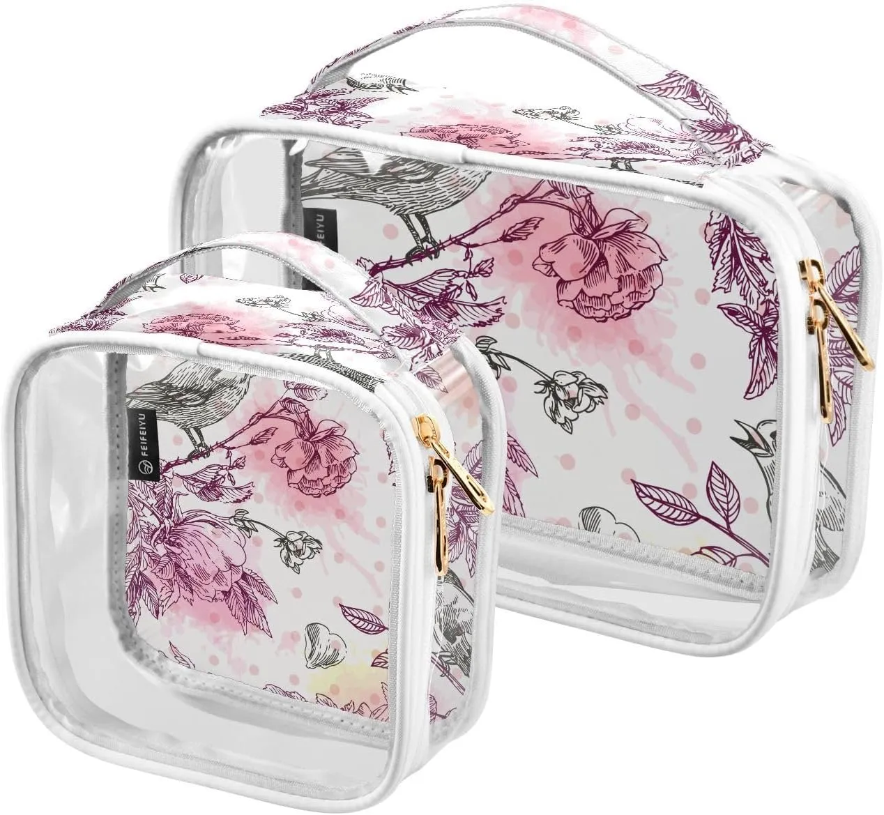 Bird-flower 2 Pack Clear Toiletry Bag Women Men, Portable Waterproof Clear Pouch, Cosmetic Bag with Double Zippers Large Opening Traveling with Handle for Bathroom Traveling Vacation Organizing
