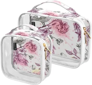 Bird-flower 2 Pack Clear Toiletry Bag Women Men, Portable Waterproof Clear Pouch, Cosmetic Bag with Double Zippers Large Opening Traveling with Handle for Bathroom Traveling Vacation Organizing