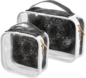 Black-alchemys-print 2 Pack Clear Toiletry Bag Women Men, Portable Waterproof Clear Pouch, Cosmetic Bag with Double Zippers Large Opening Traveling with Handle for Bathroom Traveling Vacation Organizi