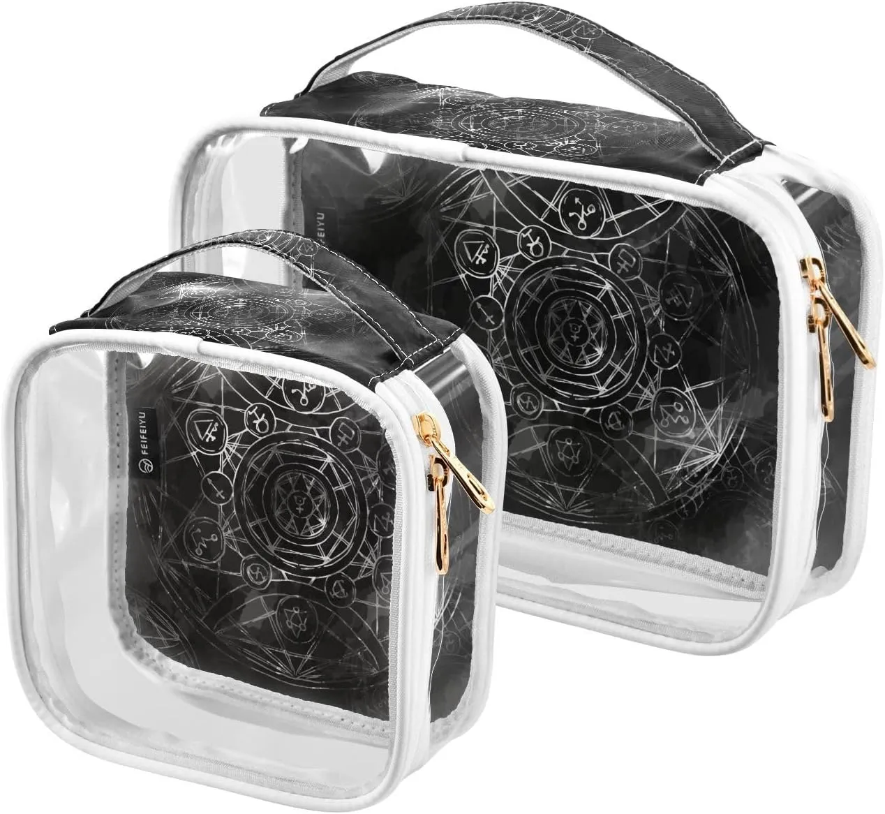 Black-alchemys-print 2 Pack Clear Toiletry Bag Women Men, Portable Waterproof Clear Pouch, Cosmetic Bag with Double Zippers Large Opening Traveling with Handle for Bathroom Traveling Vacation Organizi