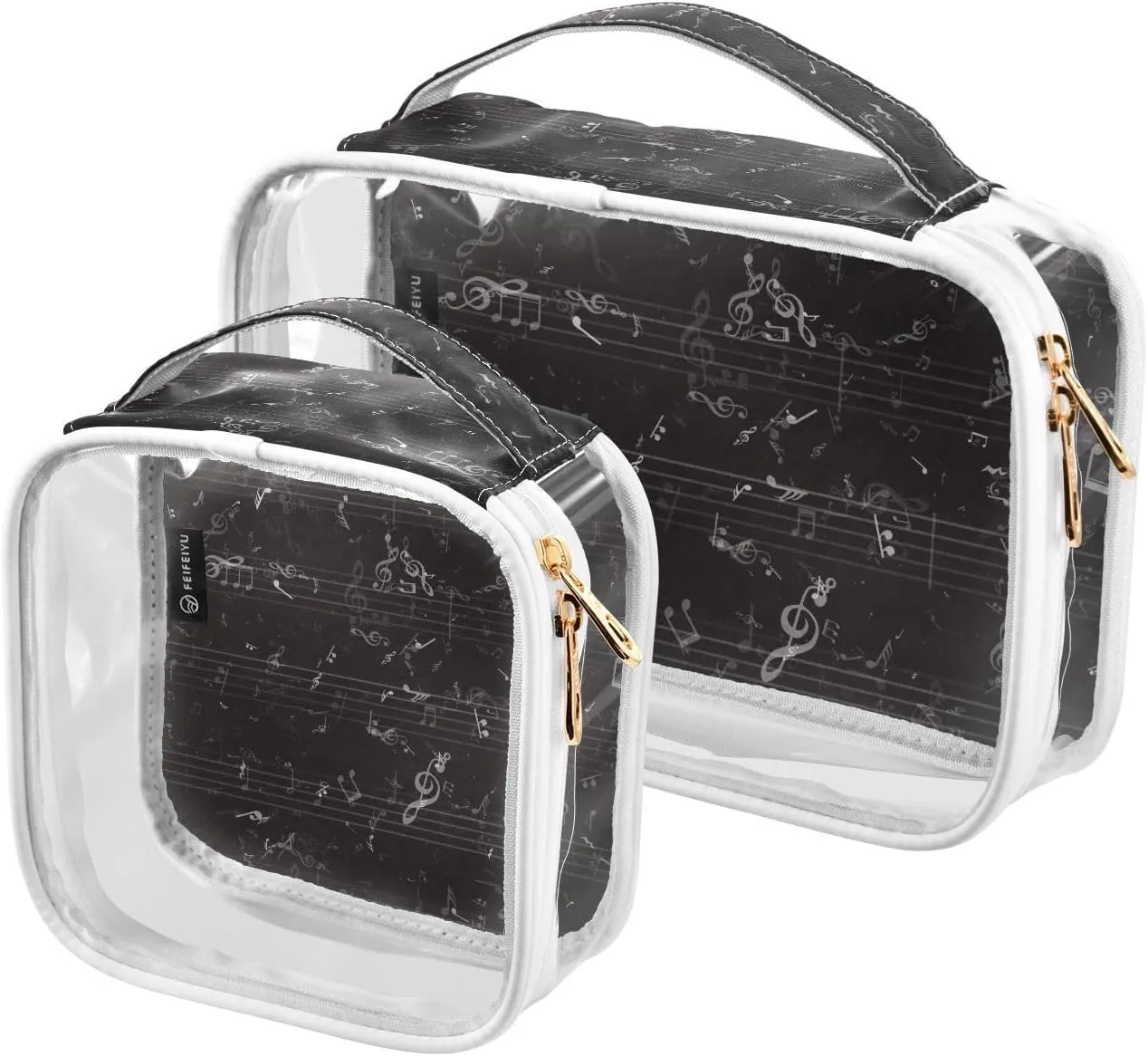 Black-musical Print 2 Pack Clear Toiletry Bag Women Men, Portable Waterproof Clear Pouch, Cosmetic Bag with Double Zippers Large Opening Traveling with Handle for Bathroom Traveling Vacation Organizin