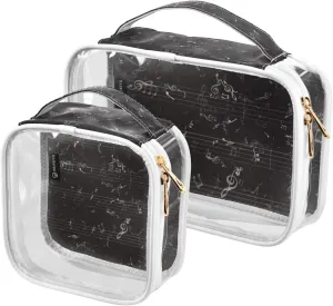 Black-musical Print 2 Pack Clear Toiletry Bag Women Men, Portable Waterproof Clear Pouch, Cosmetic Bag with Double Zippers Large Opening Traveling with Handle for Bathroom Traveling Vacation Organizin