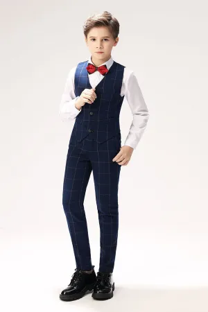 Blue Plaid Elegant Formal 4 Piece Boy's Formal Suits With Vest Pants Shirt Tie