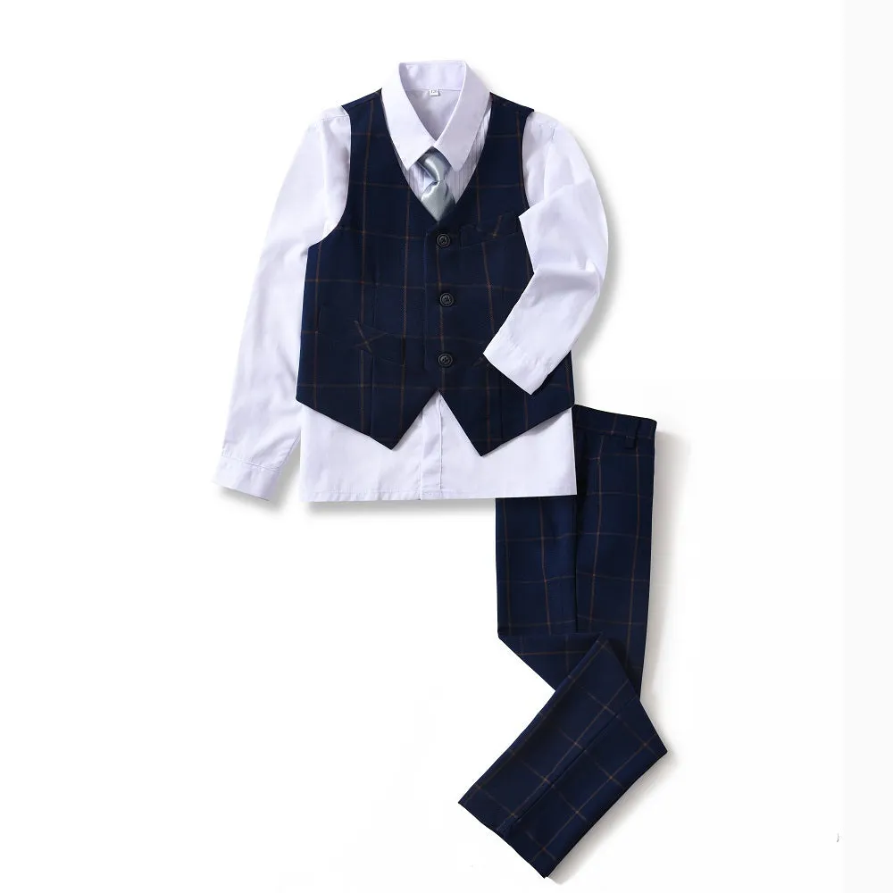 Blue Plaid Elegant Formal 4 Piece Boy's Formal Suits With Vest Pants Shirt Tie