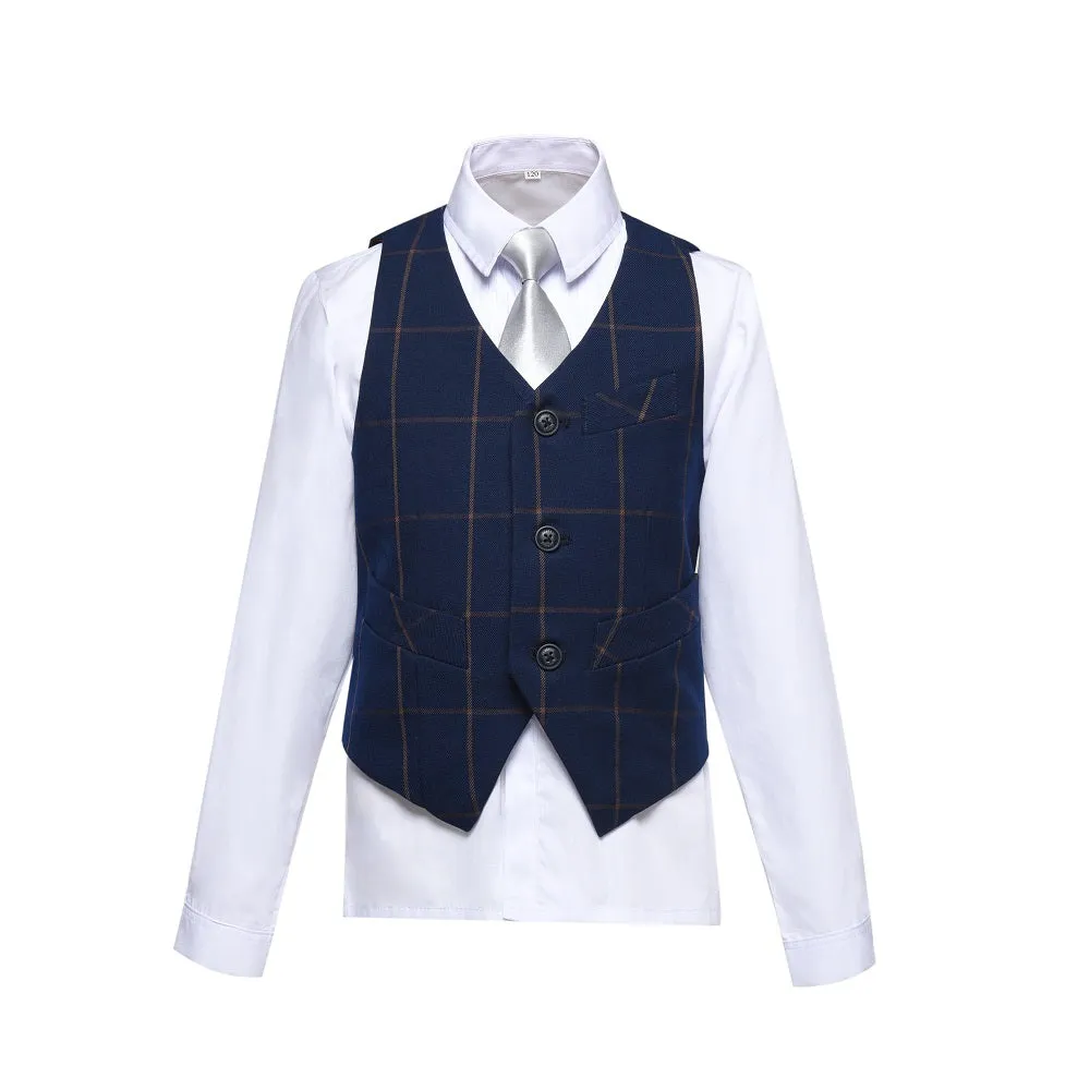 Blue Plaid Elegant Formal 4 Piece Boy's Formal Suits With Vest Pants Shirt Tie