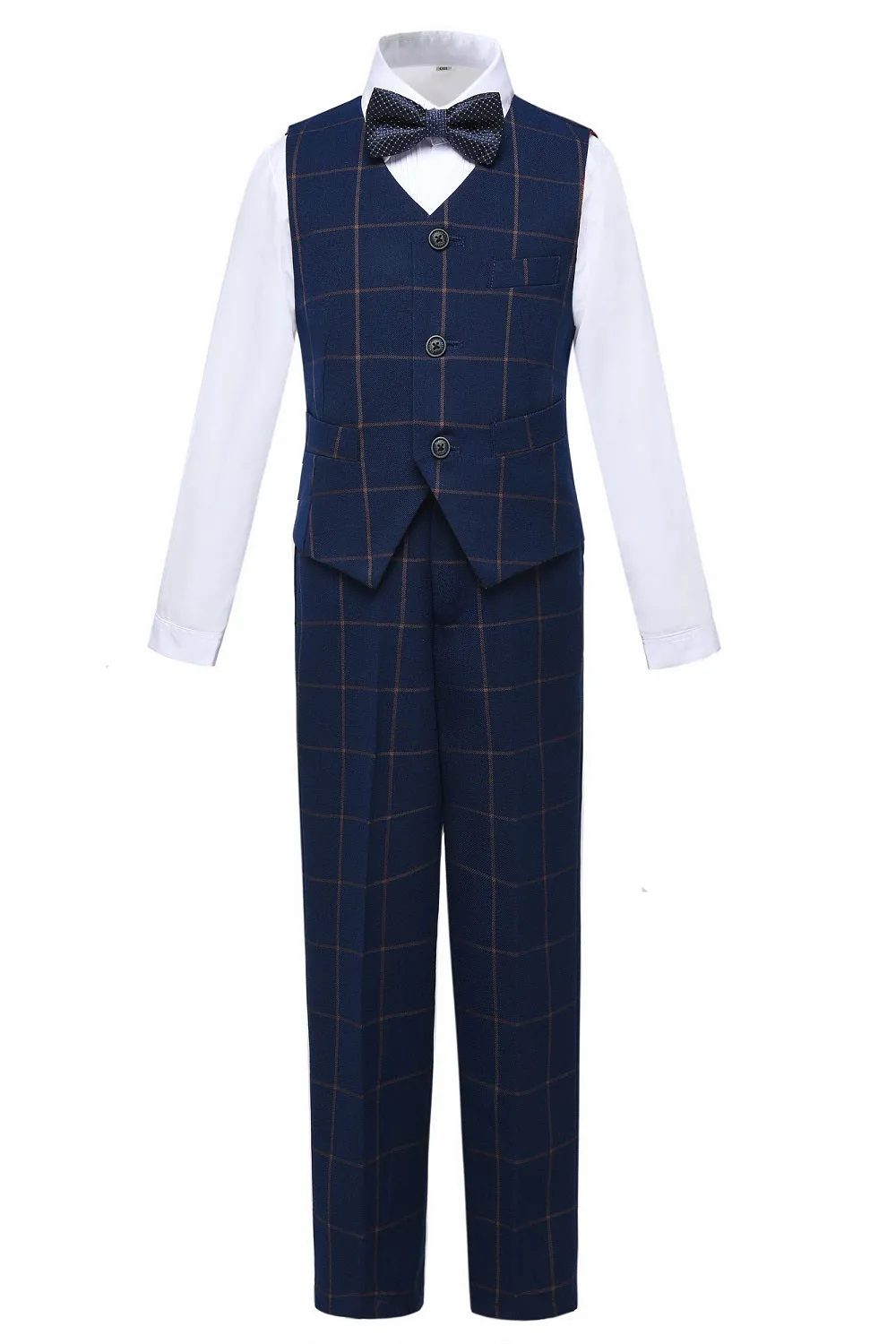 Blue Plaid Elegant Formal 4 Piece Boy's Formal Suits With Vest Pants Shirt Tie