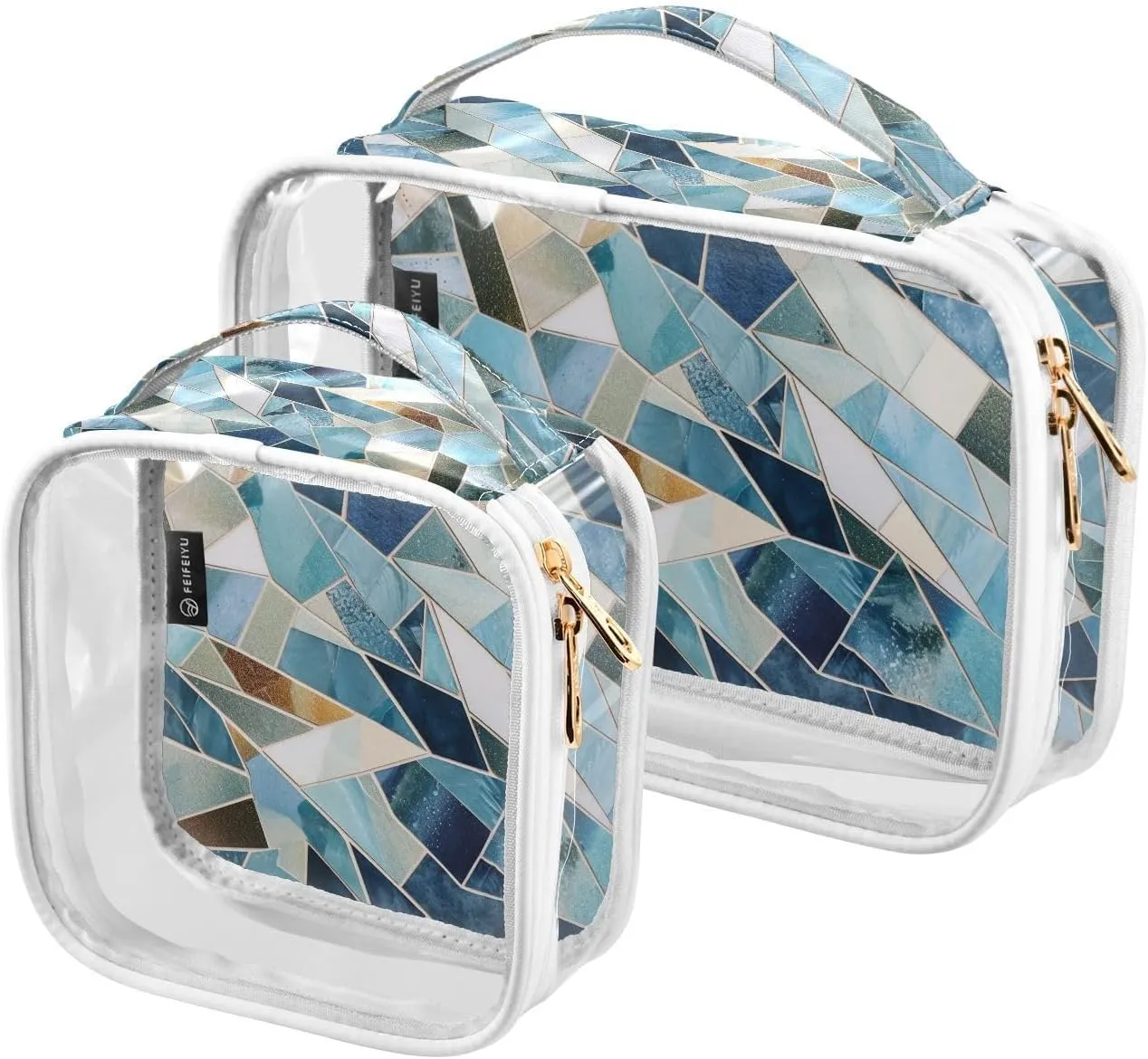 Blue-white-gold-color 2 Pack Clear Toiletry Bag Women Men, Portable Waterproof Clear Pouch, Cosmetic Bag with Double Zippers Large Opening Traveling with Handle for Bathroom Traveling Vacation Organiz