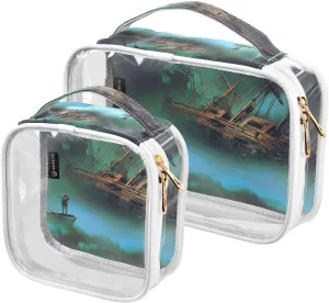 Boat-outer-space-with-clouds 2 Pack Clear Toiletry Bag Women Men, Portable Waterproof Clear Pouch, Cosmetic Bag with Double Zippers Large Opening Traveling with Handle for Bathroom Traveling Vacation