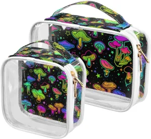 Bright-mushrooms-plant 2 Pack Clear Toiletry Bag Women Men, Portable Waterproof Clear Pouch, Cosmetic Bag with Double Zippers Large Opening Traveling with Handle for Bathroom Traveling Vacation Organi